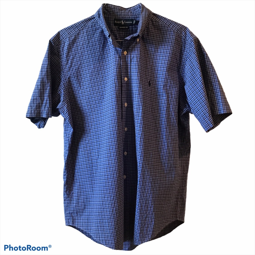 Ralph Lauren Button Down Shirt L Blue Excellent Classic Fit Plaid Short Sleeve